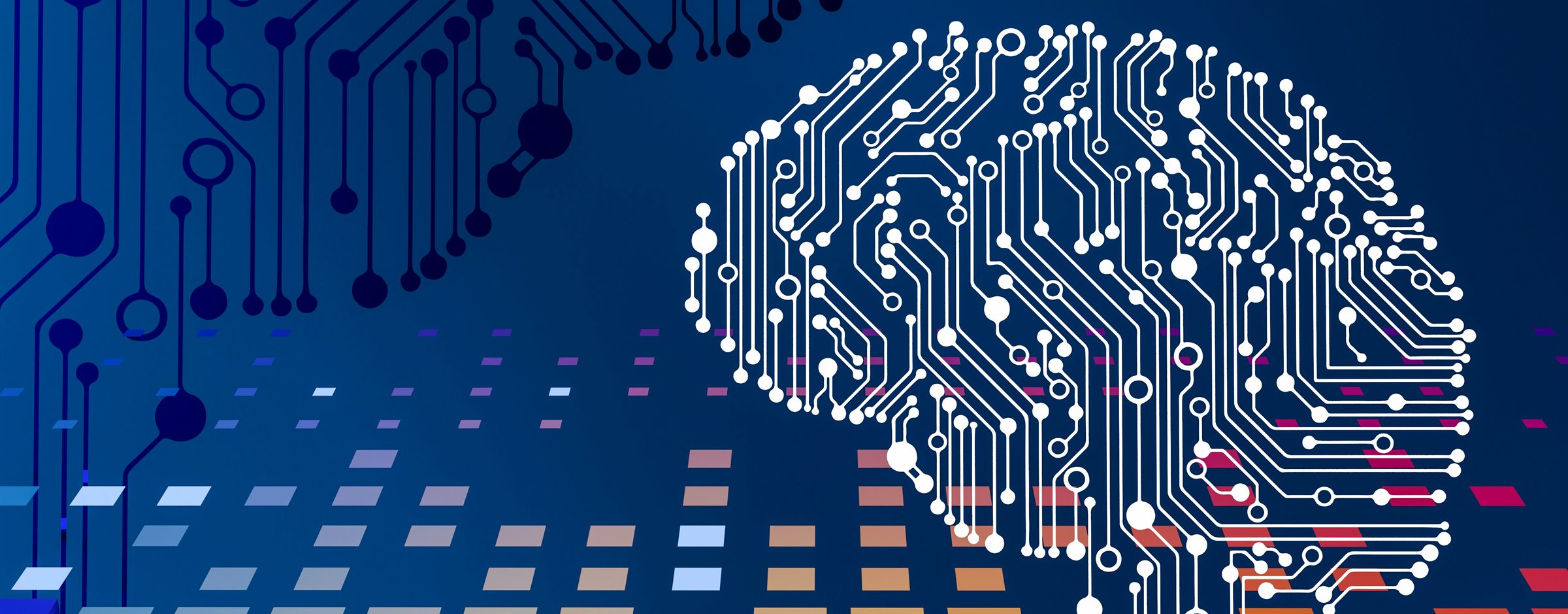 A brain drawn as printed-circuit traces above a grid of coloured tiles