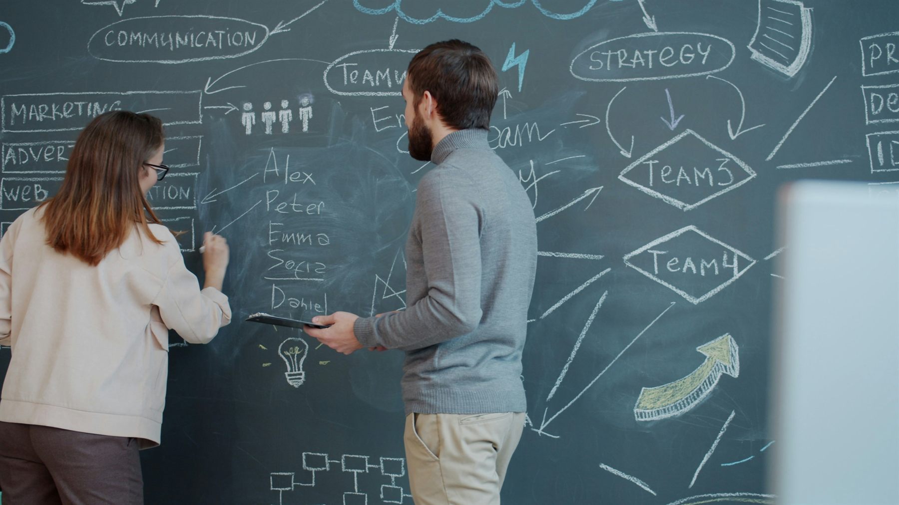 Two people planning a marketing strategy on a chalkboard wall